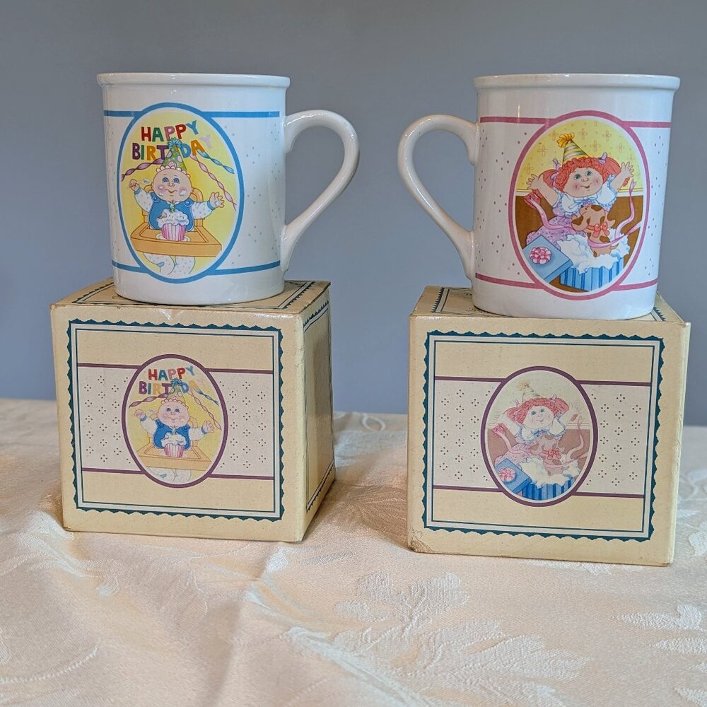VTG 1985 Cabbage Patch Kids Birthday Mugs Boy Girl Set Mint Original boxes Cup